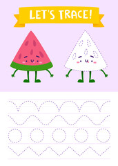 Dot to dot handwriting practice game for kids. Trace page with cute watermelon.