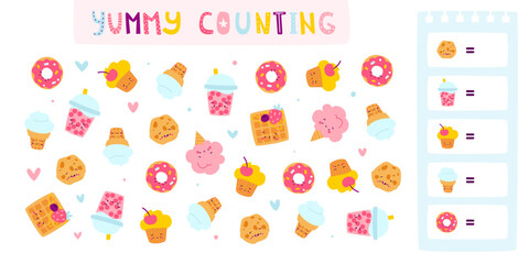 Kids counting mini game with cute sweets. Kawaii food game for children.