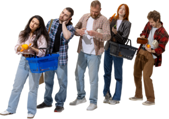 Tired shoppers with groceries and receipts showing exhaustion after checkout. Concept of shopping fatigue, cost of living pressure, inflation frustration, and consumer reality. Transparent background