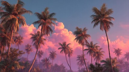 Fototapeta premium Vibrant coastal scene with tall palm trees bathed in warm hues of pink, orange, and yellow during sunrise or sunset,