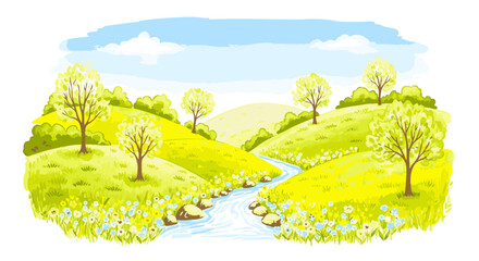 Serene Spring Landscape Green Hills, Blue Stream, and Flowering Trees