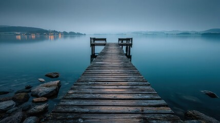 Obraz premium A long wooden pier stretches into a calm blue lake at dawn or dusk,