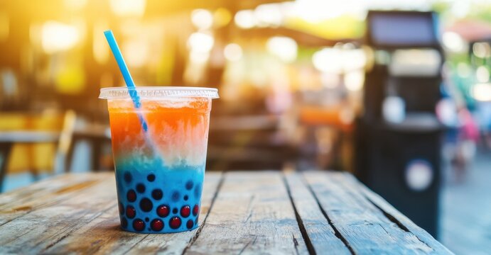 Cold sweet bubble tea drink with tapioca pearls and ice on sunny outdoor background