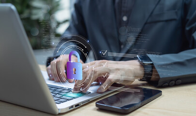 Internet network security and data protection concept featuring virtual lock icon, representing...