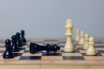 White chess king surrounded by pawns on chessboard, symbolizing leadership, teamwork, strategy,...