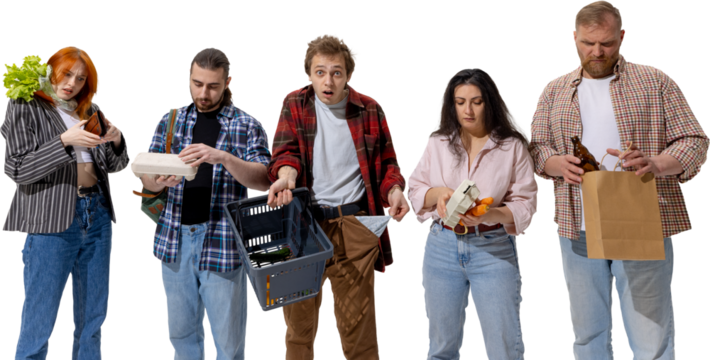 Group of adults looking at receipts with confused expressions while holding groceries. Concept of financial stress, price comparison, consumer reality and modern cost struggles. Transparent background - Powered by Adobe