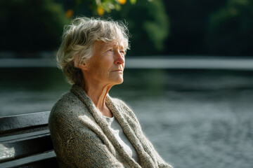 elderly woman sits on bench in tranquil park gazing thoughtfully at distant house