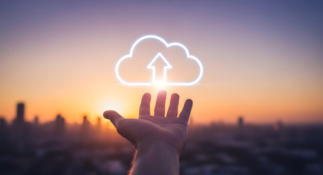 Cloud Upload Data Conceptual Hand over Cityscape Sunset