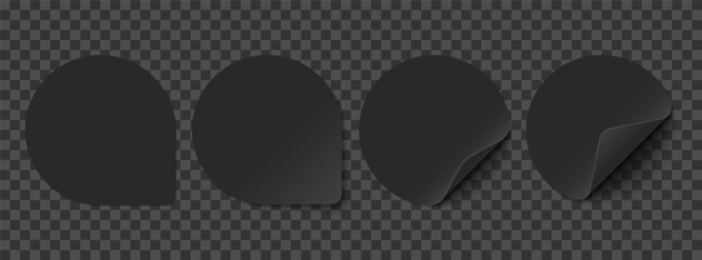 Vector set of black paper squircle stickers isolated on transparent background. Realistic square stickers curved with black corner and soft shadows.