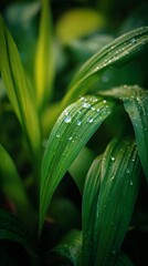 Fototapeta premium Lush green leaves adorned with glistening water droplets capture the beauty of nature, reflecting freshness and vitality in an enchanting forest setting.
