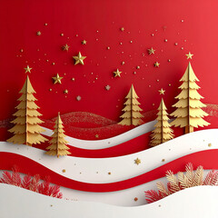 Christmas invitation greeting card background with golden stars and paper trees festive scene for seasonal celebrations