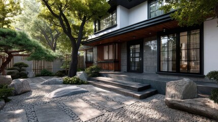 A serene modern house with a well-maintained garden, featuring natural elements like trees and rocks, large glass doors,