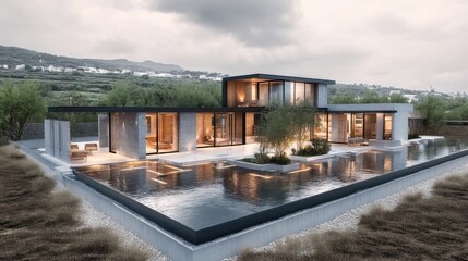 Obraz premium Modern minimalist house with large glass windows, infinity pool, and natural surroundings.