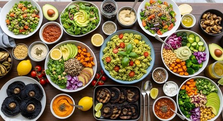 Fototapeta premium Overhead view of a diverse array of salads and side dishes on a table