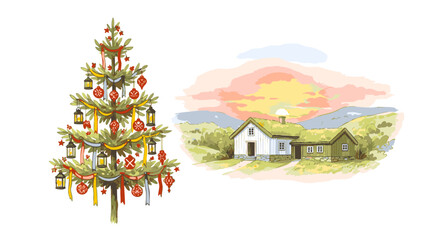 Christmas tree and landscape illustration depicting holiday cheer and rural charm in an inviting scene
