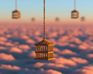Wooden Birdcages Hanging Above Soft Cotton Candy Clouds at Sunset