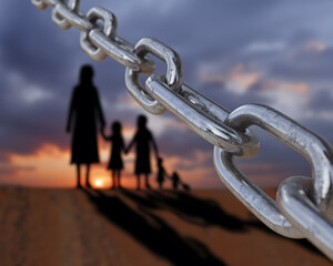 Silhouette of Family Holding Hands with Chain Symbolizing Connection