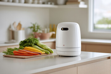 futuristic robot skillfully slicing vegetables on clean ultrabright kitchen countertop
