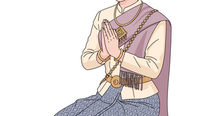 Illustration of a person in traditional Thai clothing, with hands clasped in a respectful gesture and kneeling, showcasing cultural representation and heritage