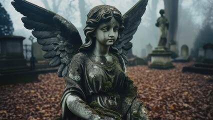 Fototapeta premium Weathered angel statue in a foggy cemetery