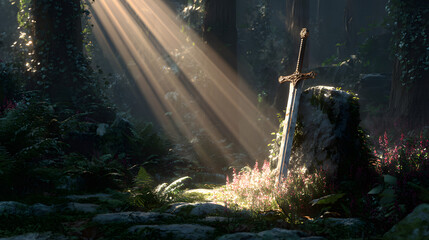 An ancient sword embedded in a stone illuminated by rays of sunlight in a mysterious forest setting
