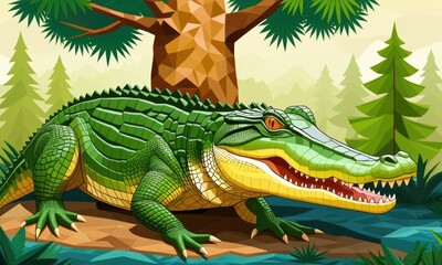 Obraz premium Geometric alligator in vibrant forest landscape surrounded by trees and water