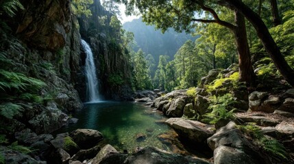 A serene waterfall cascades into a crystal clear pool surrounded by lush greenery and rocky terrain with misty mountains