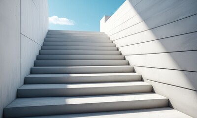 Fototapeta premium Modern concrete staircase leading to bright blue sky and minimalist architecture