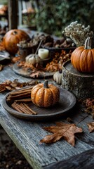 Autumn decor with vibrant pumpkins and rustic elements on a wooden table create a cozy fall atmosphere perfect for seasonal celebrations and gatherings or home styling ideas.