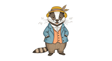 Charming illustration of a dapper badger dressed in a suit and hat, standing confidently