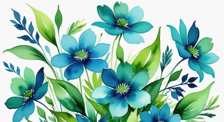Fototapeta premium Vibrant blue and green watercolor flowers with lush foliage
