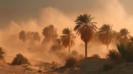 Obraz premium A serene desert scene with tall palm trees partially obscured by swirling sand under a red ochre sky suggesting early mo