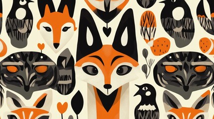 Vibrant Patterns of Foxes and Birds in Artistic Design Style