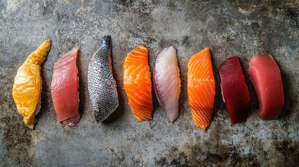Fresh Sushi Selection of Assorted Fish on Rustic Metal Background