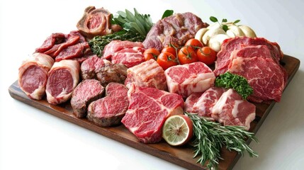 Assorted Fresh Cuts of Beef with Herbs and Vegetables on Wooden Board