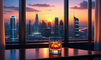 Evening cityscape and whiskey glass with a vibrant sunset skyline