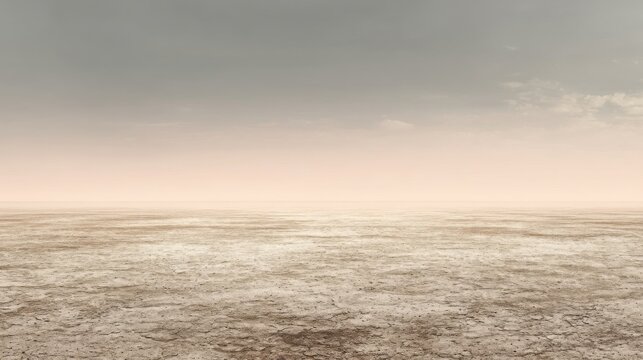 A vast barren landscape with cracked arid ground stretches to the horizon under an overcast sky in neutral tones of beig