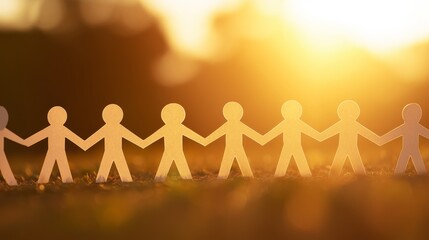 Paper Cutout People Holding Hands Against Sunset Light