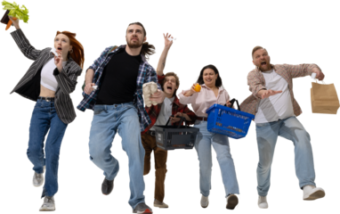 Group of shoppers running forward with groceries and bills in hand. Concept of daily survival, rising prices, consumer stress, and humor in lifestyle visuals. Transparent background