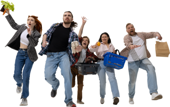 Group of shoppers running forward with groceries and bills in hand. Concept of daily survival, rising prices, consumer stress, and humor in lifestyle visuals. Transparent background