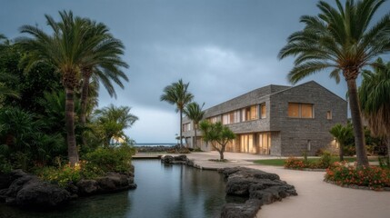 Fototapeta premium Modern minimalist house with grey stone walls and large glass windows,