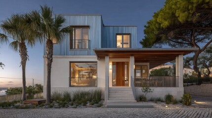 Fototapeta premium A modern two-story house with blue and white colors, corrugated metal cladding, stone sections, palm trees,