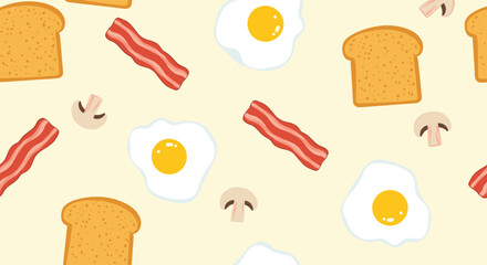 A delightful seamless pattern featuring breakfast essentials like crispy bacon fried eggs and toasted bread.