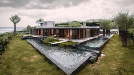 A luxurious modern house with extensive glass features and a flat roof, surrounded by manicured lawns,