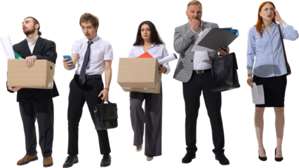 Office workers in shock after losing jobs and reading bad news. Concept of financial pressure, staff reduction, economic collapse, corporate failure, and workplace anxiety. Transparent background