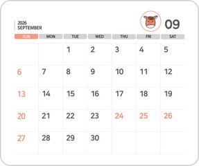 2026 September Calendar Illustration / 2026년 9월 달력 일러스트
