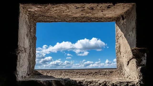 Zooming in on clouds through an ancient stone window