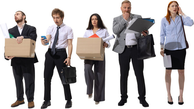 Office workers in shock after losing jobs and reading bad news. Concept of financial pressure, staff reduction, economic collapse, corporate failure, and workplace anxiety. Transparent background