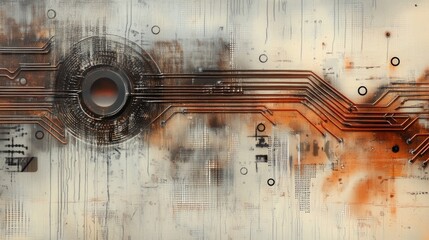 Abstract Technology Background with Circuit Pattern and Orange Hues