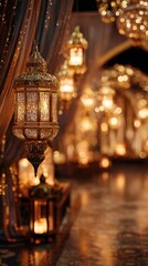 Fototapeta premium Exquisite vintage lanterns cast a warm glow in a beautifully arranged venue, creating a magical atmosphere perfect for celebrations and events filled with elegance and charm.
